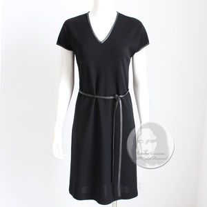Bonnie Cashin for Sills Dress and Belt Black Wool Jersey Leather Trim Vintage